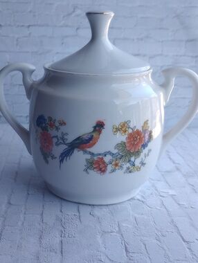 Double Handle Sugar Bowl | Birds of Paradise| Made in Czechoslovakia